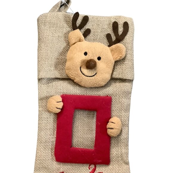 Babys First Christmas Stocking With Reindeer Design Picture Frame Embroidered - Picture 2 of 6